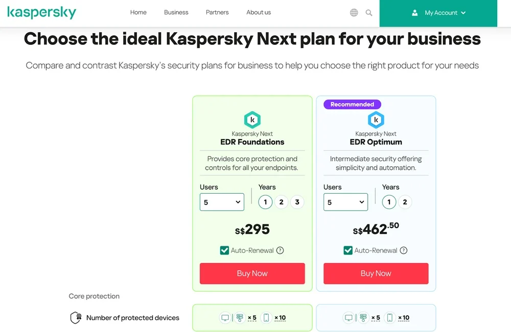 Kaspersky pricing screenshot.