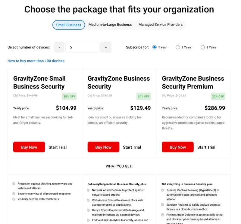 Pricing tiers for Bitdefender.