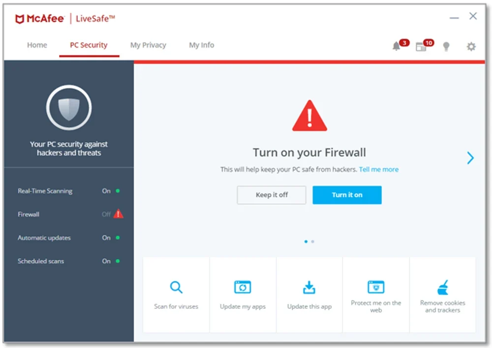McAfee firewall settings interface screenshot.