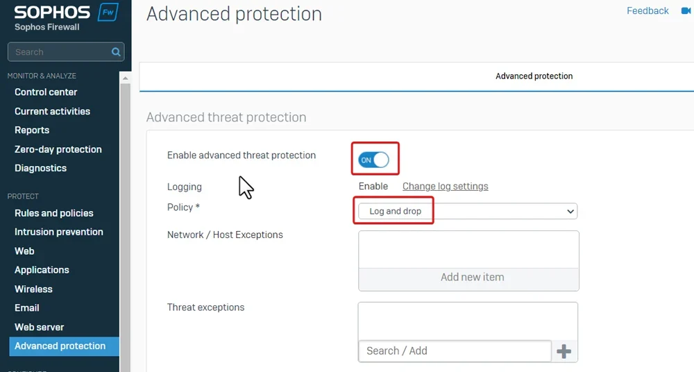 Sophos Firewall advanced threat protection.