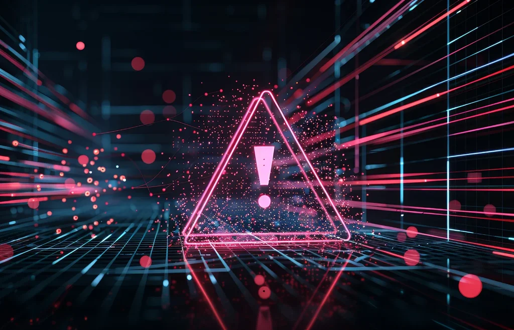 Glowing pink triangular warning sign with exclamation mark floats in digital space.