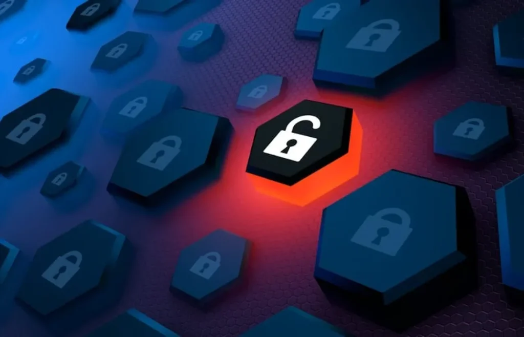 Cybersecurity concept showing an unlocked padlock highlighted among locked icons, representing a security vulnerability.
