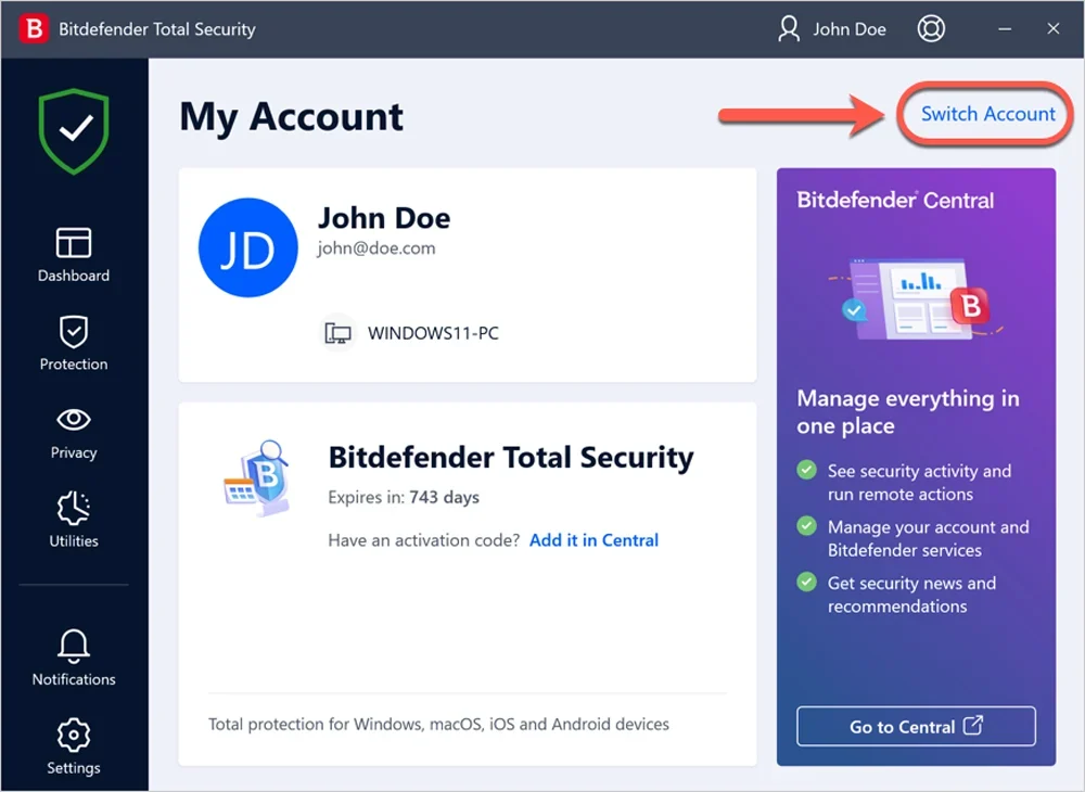 Bitdefender MyAccount interface screenshot.