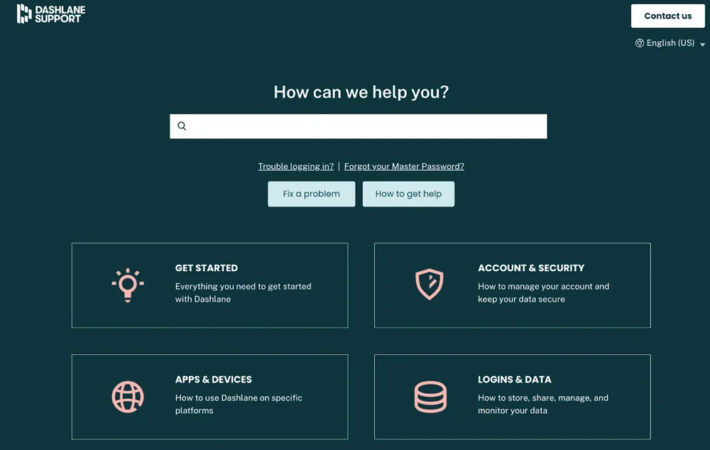 Dashlane support interface.