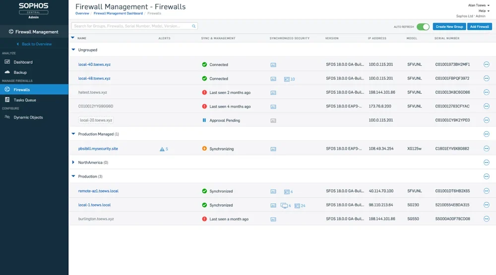 Sophos Firewall management through Sophos Central.