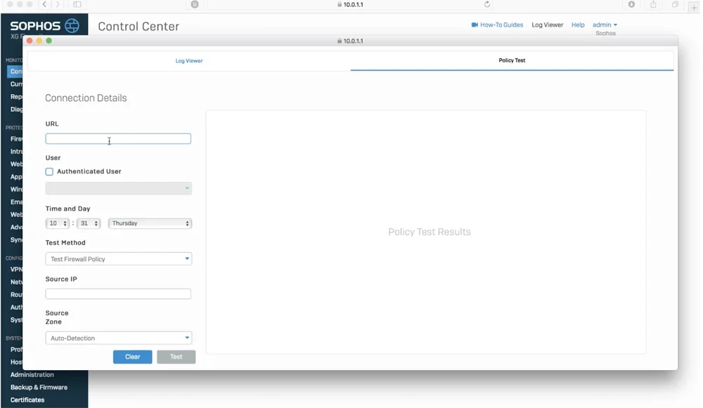 Sample firewall policy testing from Sophos XG.