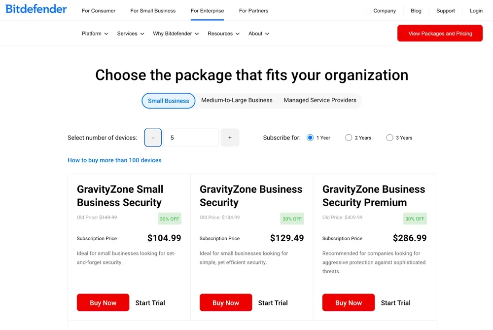 Bitdefender pricing screenshot.