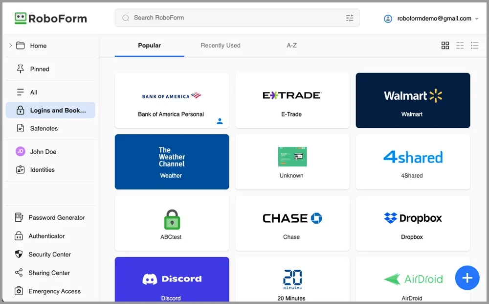 RoboForm's dashboard.