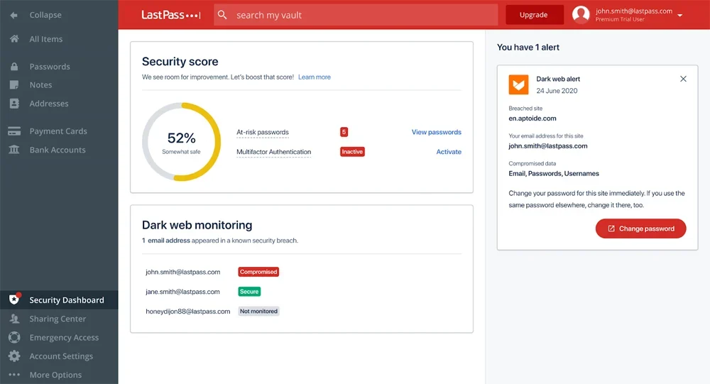 LastPass Security Dashboard interface.