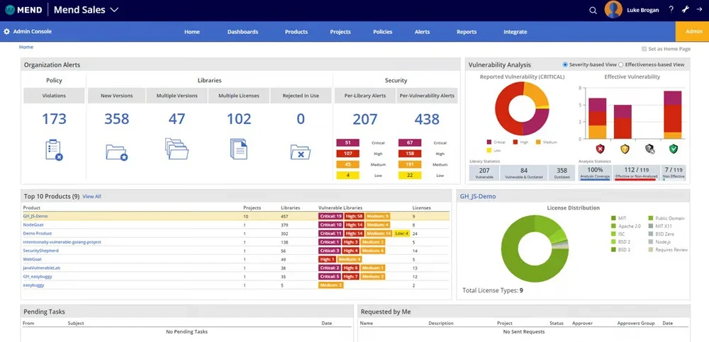 Mend.io interface.