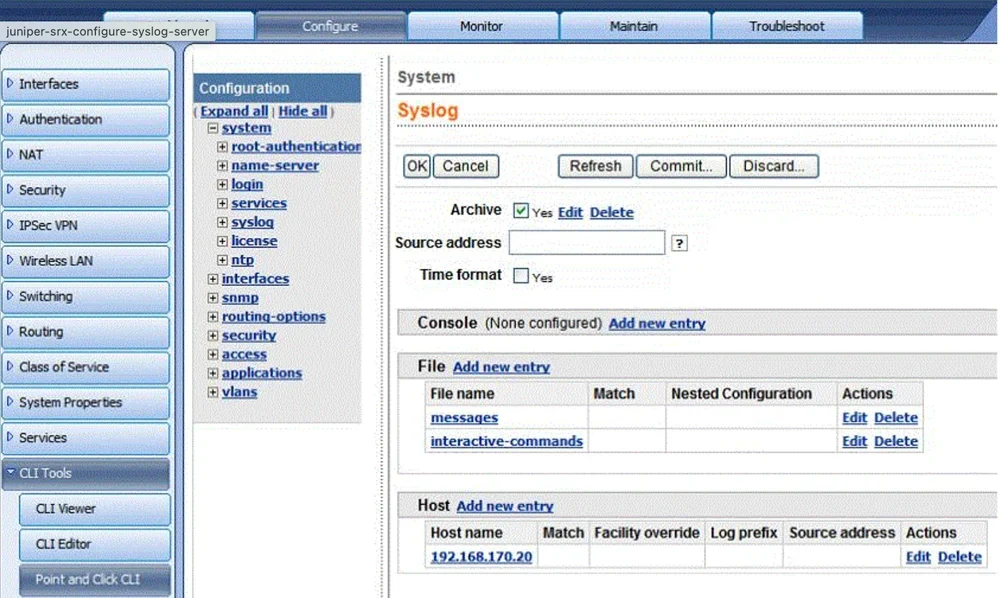 Juniper SRX syslog server configuration.