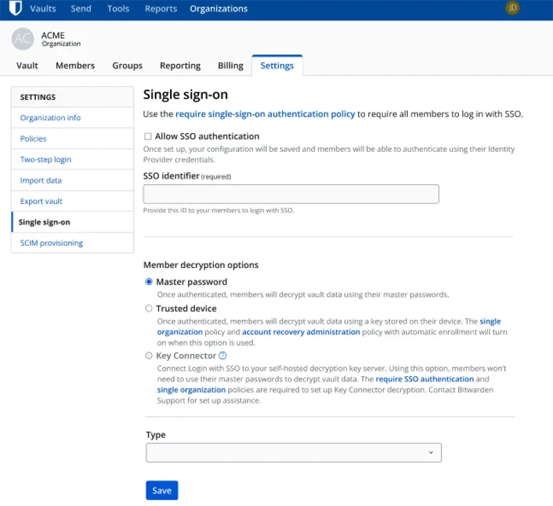 Single sign-on in Bitwarden.