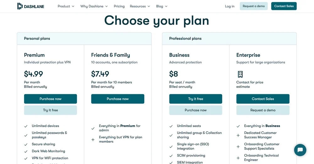 Dashlane's pricing page.