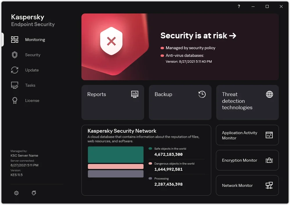 Kaspersky monitoring interface.