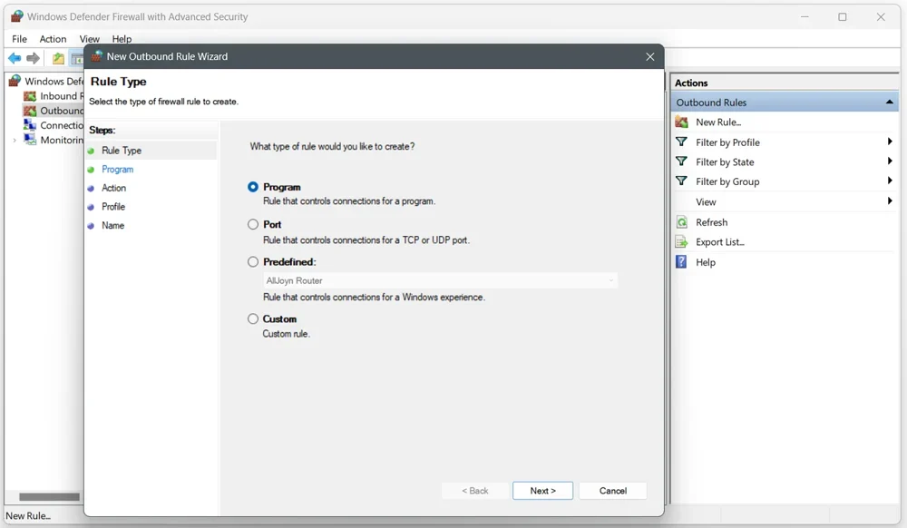 Selecting a rule type on the New Outbound Rule Wizard window.