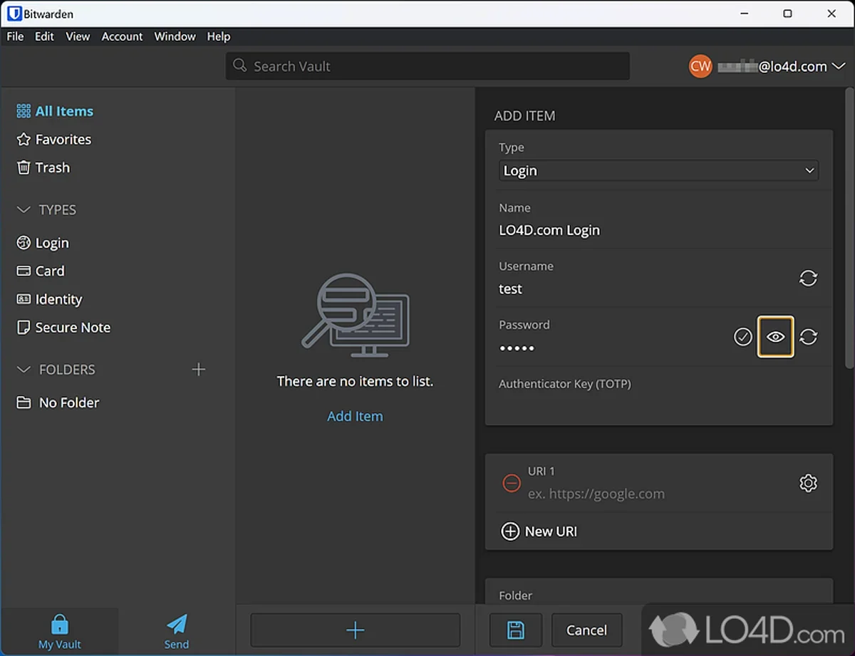 Bitwarden site login information and options screenshot